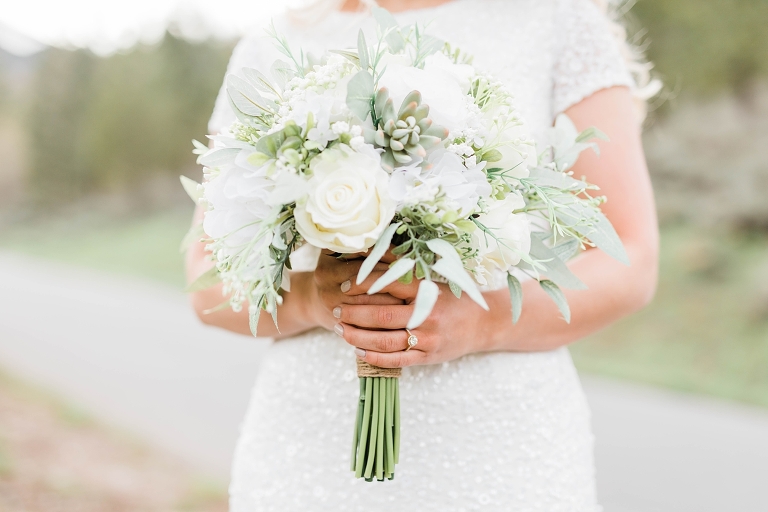 Utah Mountain Wedding Photography at Tibble Fork Reservoir, silk flowers white wedding bouquet