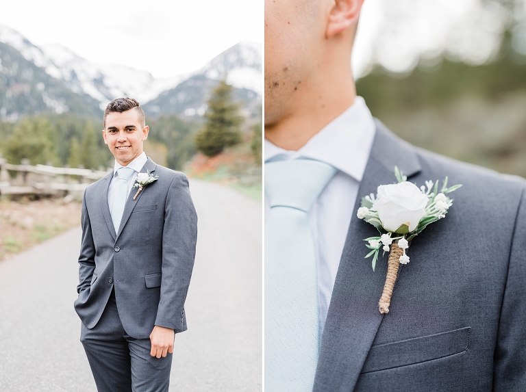 Utah Mountain Wedding Photography at Tibble Fork Reservoir, groom in gray suit and sage green tie, silk flower boutonniere