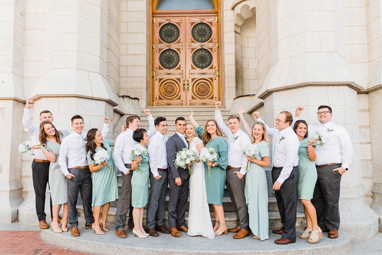 Salt Lake Temple Spring Wedding, Utah wedding photography, sage mint green and blue bridesmaids dresses