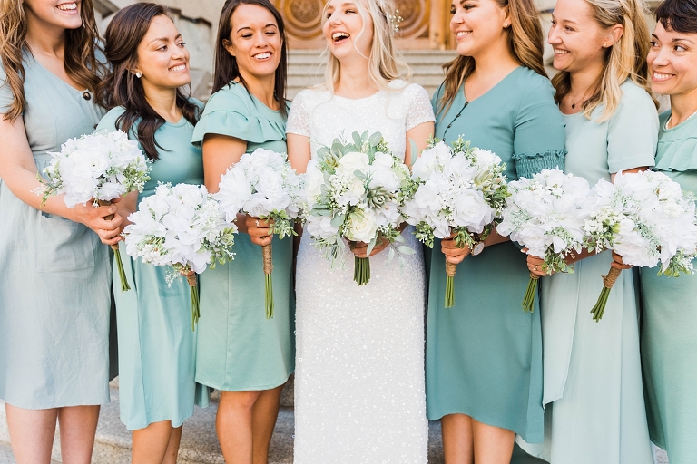 Salt Lake Temple Spring Wedding, Utah wedding photography, sage mint green and blue bridesmaids dresses, white spring wedding bouquet silk flowers