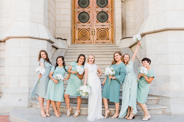 Salt Lake Temple Spring Wedding, Utah wedding photography, sage mint green and blue bridesmaids dresses