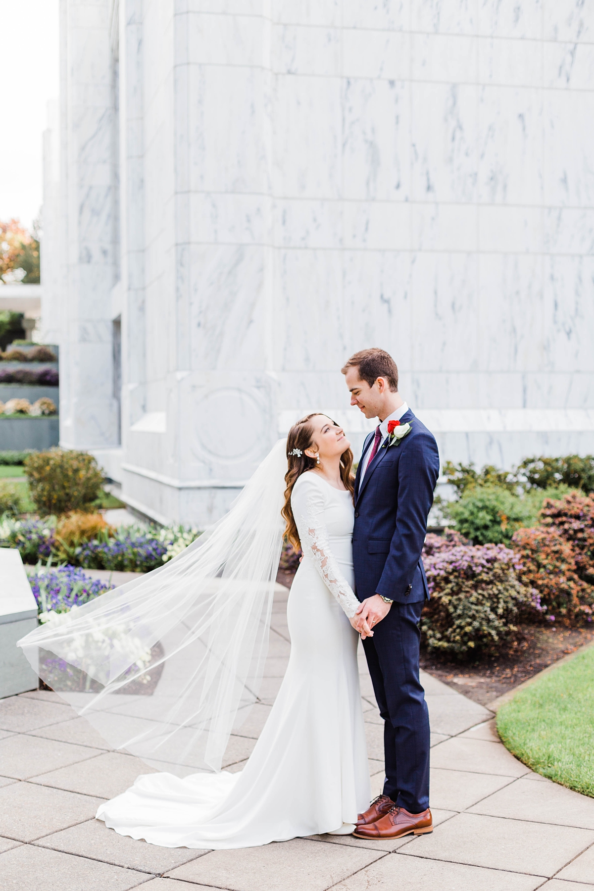 Spring Portland Oregon LDS Temple Wedding, Destination wedding photography, modest modern wedding dress with lace long sleeves, long veil