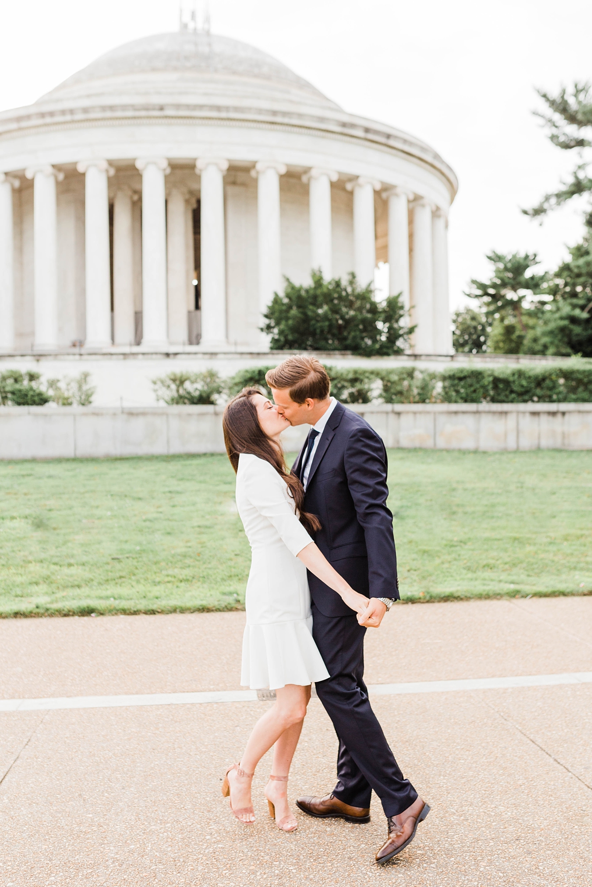 Couples Anniversary Session at the Thomas Jefferson Memorial in Washington, D.C., wedding photography, little white dress and classic black suit and tie, dressy outfits for engagement photos