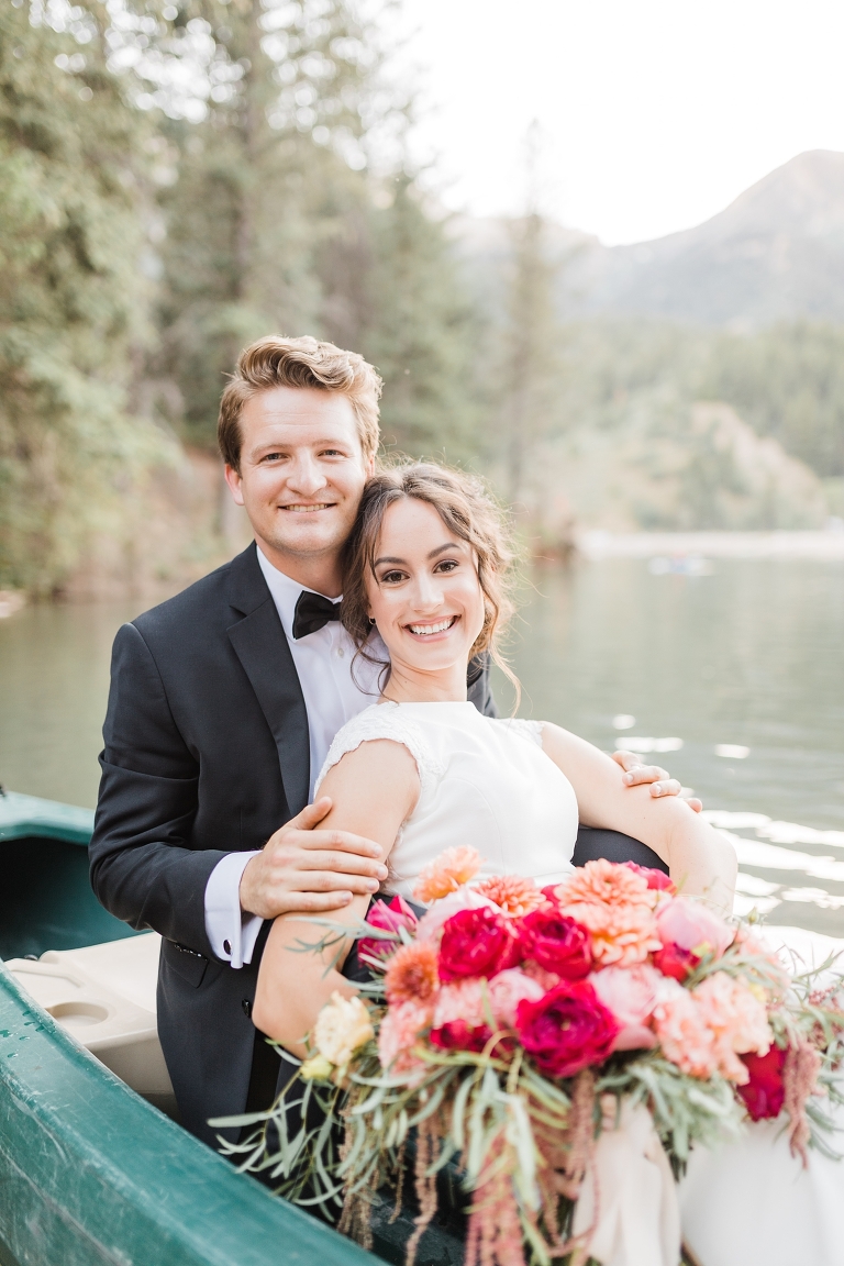 Tibble Fork Reservoir Couple in a Canoe, Utah Wedding Photography, Bride and Groom