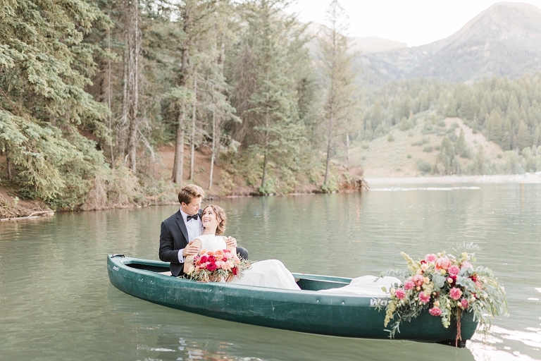 Tibble Fork Reservoir Couple in a Canoe, Utah Wedding Photography, Bride and Groom on lake