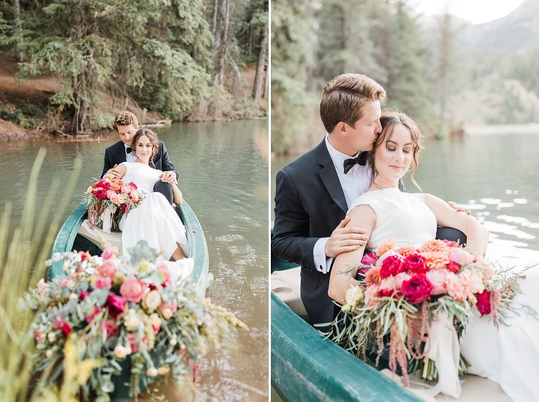 Tibble Fork Reservoir Couple in a Canoe, Utah Wedding Photography, Bride and Groom on lake, bright pink flowers greenery floral design