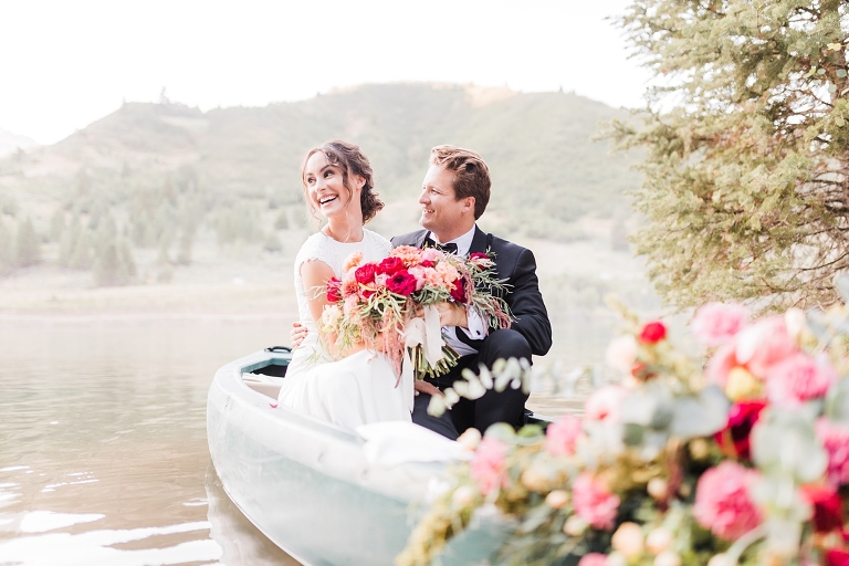 Tibble Fork Reservoir Couple in a Canoe, Utah Wedding Photography, Bride and Groom on lake