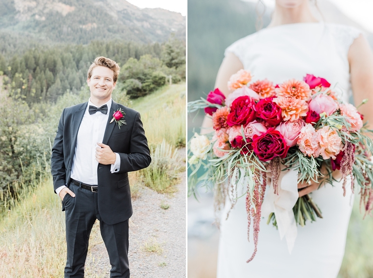 Tibble Fork Reservoir Couple in a Canoe, Utah Wedding Photography, groom in classic black tuxedo and black bow tie, bright pink bouquet wedding flowers