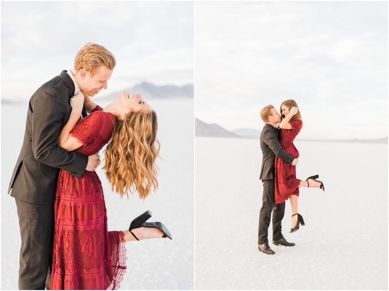 Bonneville Salt Flat couples photo session, Red dress and black suit for engagement pictures, What to wear to the Salt Flats, Photography by Tasha Rose