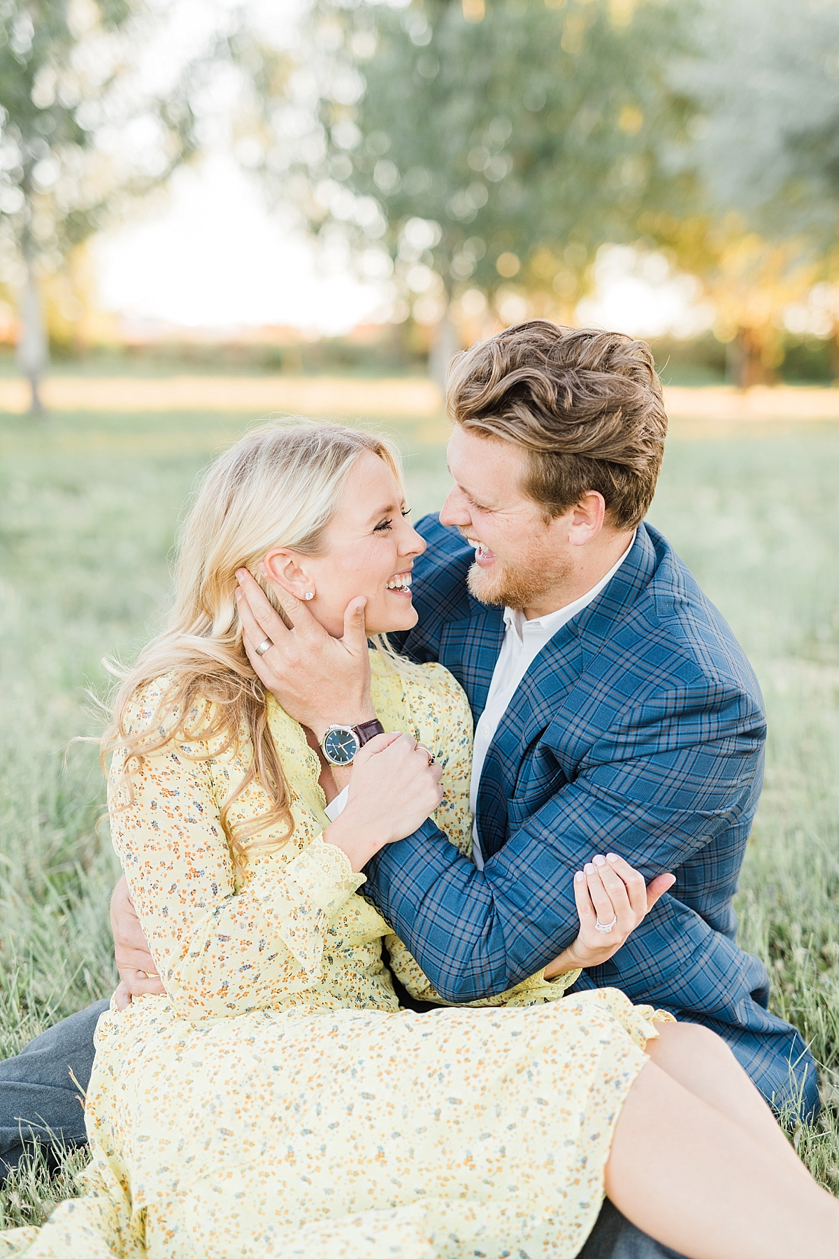 Bountiful pond couples session, twirling yellow dress and blue high heels, Pinstripe jacket and suit pants, Photography by Tasha Rose, Utah couples photographer